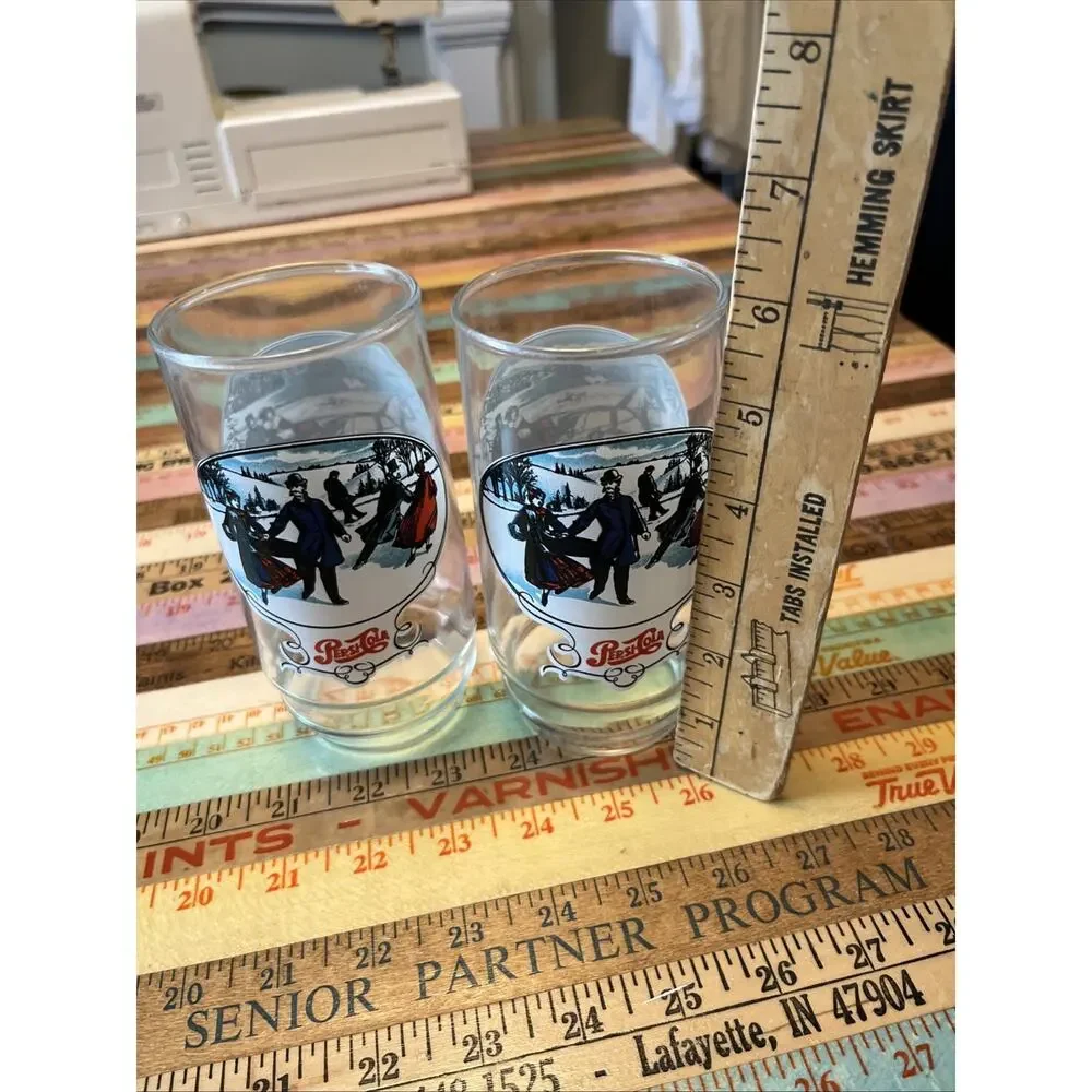 Two Vintage collectible Pepsi-Cola Glasses Horse Pulling Sleigh Winter Holiday